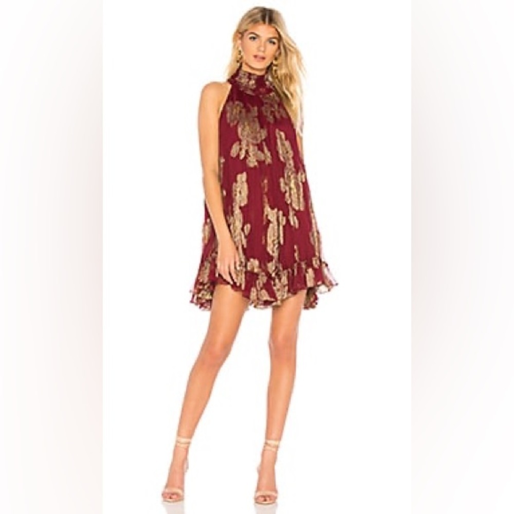 HEMANT & NANDITA Burgundy Mini Dress with Gold Floral Print